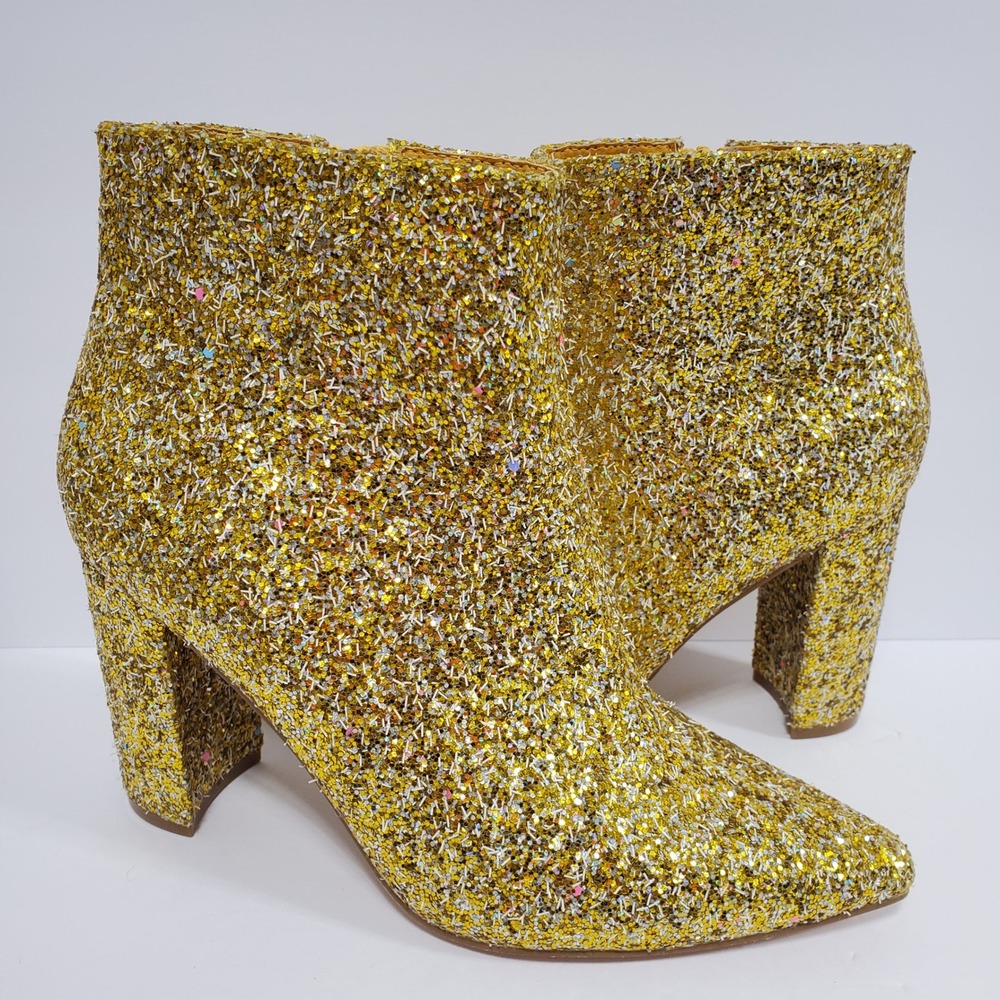 Allegra K Womens US 7‎ Gold Glitter Side Zip Block Heel Ankle Boots Disco Party